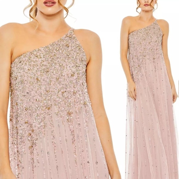 Mac Duggal Glamorous Blush Sequin One-Shoulder Dress size 2 NWT - Picture 3 of 13